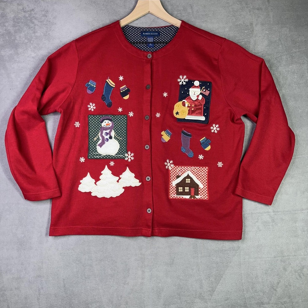Vintage Karen Scott Sweater Womens XL Red Christmas Cardigan Applique